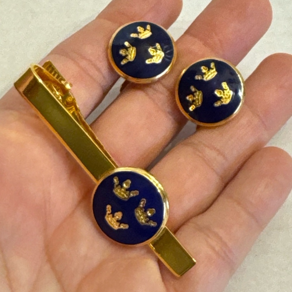 Vintage Swedish Tre Kronor Cufflinks & Tie Bar/Clip Cobalt Blue Enamel 3 Crowns